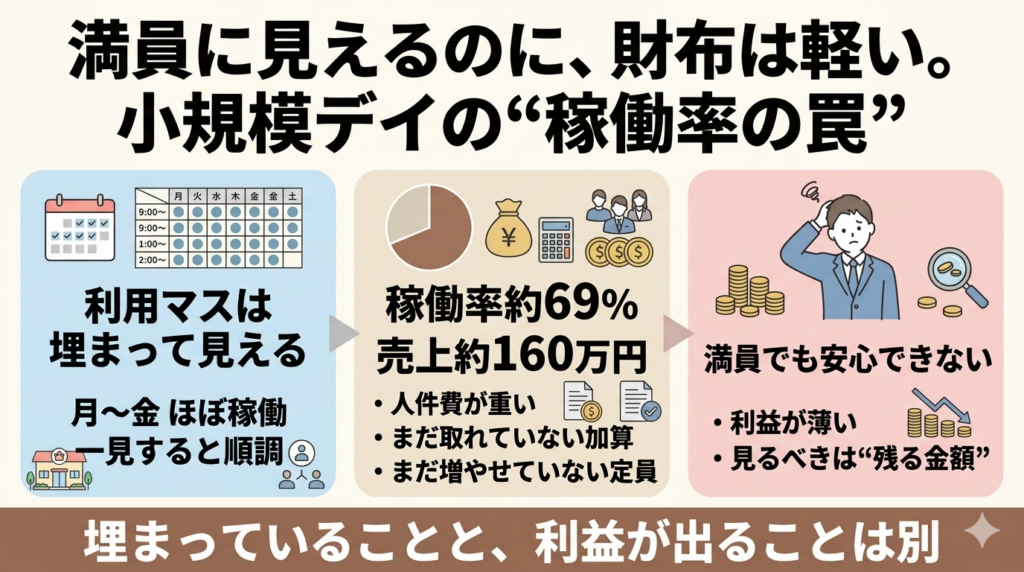 満員に見える小規模デイでも、稼働率69％・売上約160万円・人件費負担で安心できない構造を示した図