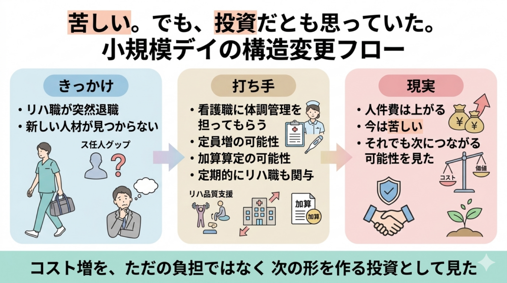 リハ職退職をきっかけに看護職配置や加算算定の可能性を含む構造変更を進め、コスト増を投資として見た流れを示した図