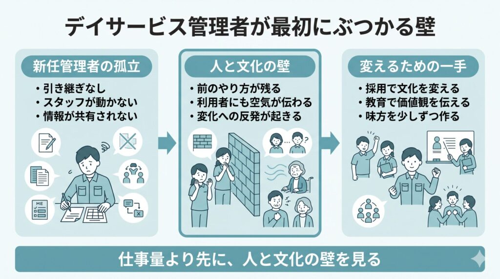 デイサービス管理者が最初にぶつかる壁を示した図解。新任管理者の孤立、人と文化の壁、採用と教育で文化を変える流れを整理しています。