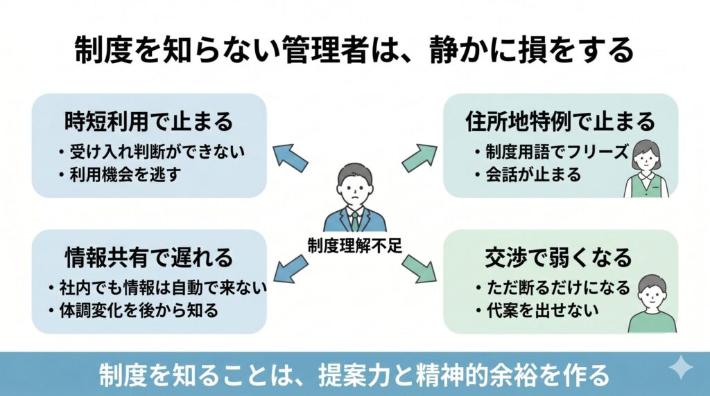 デイサービス管理者が制度を知らないことで時短利用、住所地特例、情報共有、ケアマネ対応で損をする構造を示した図解