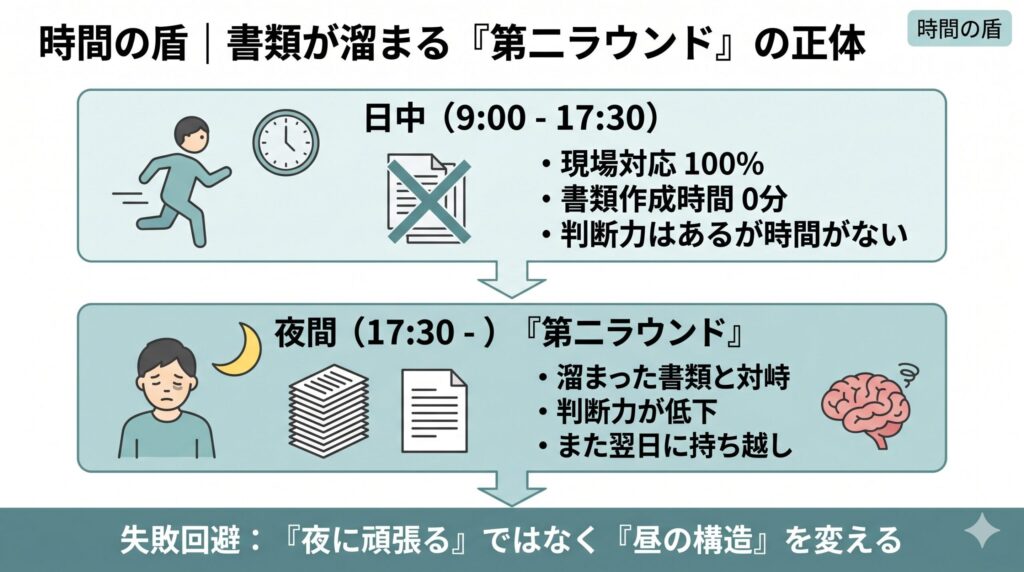 デイサービス管理者の第二ラウンドが、日中の現場対応から17:30以降の書類業務へ流れ、夜に重くなる構造を示した図