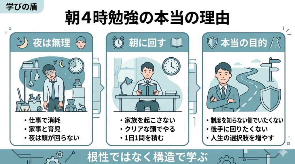デイサービス管理者が朝4時台に試験勉強をする理由を、夜は無理・朝に回す・人生の選択肢を増やすという流れで整理した図
