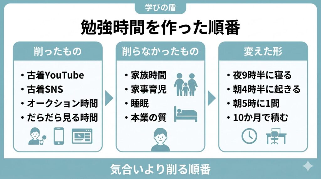 デイサービス管理者が勉強時間を作るために、削ったもの・削らなかったもの・生活の組み替え方を3つの箱で整理した図
