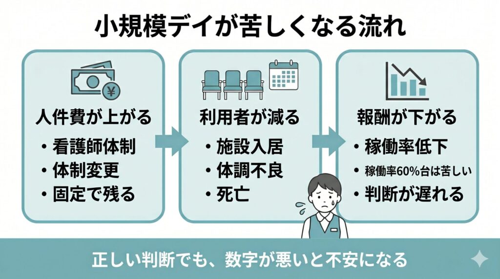 小規模デイサービスで人件費が上がり、利用者が減り、稼働率低下によって報酬が下がることで、管理者判断が苦しくなる流れを示した図解