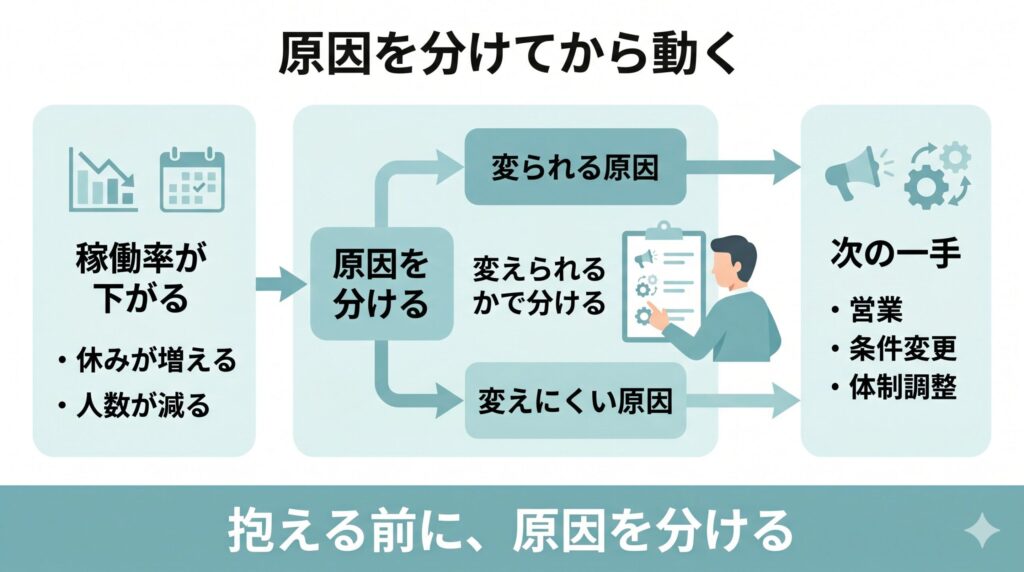 稼働率が下がった時に、原因を変えられるものと変えにくいものに分け、営業や条件変更、体制調整など次の一手へ進む流れを示した図解