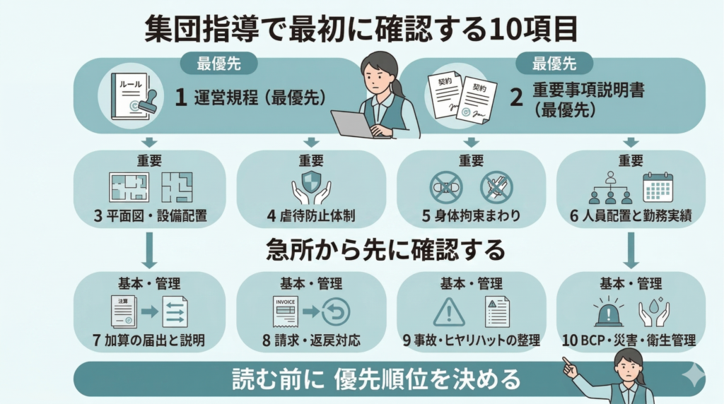 集団指導資料を読んだ後に、デイサービス管理者が優先順位をつけて確認すべき10項目を上から順に整理した図。