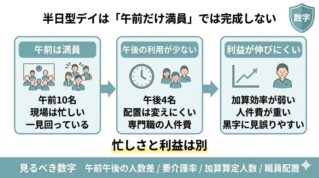 半日型デイサービスで午前だけ満員でも、午後の利用が少ないと加算効率や人件費の影響で利益が伸びにくい構造を示した図解