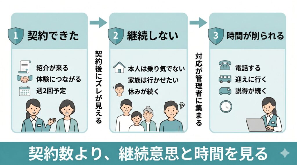 デイサービスの新規受け入れで、契約後に本人と家族の温度差が見え、休みや説得対応が続いて管理者時間が削られる流れを示した図解です。