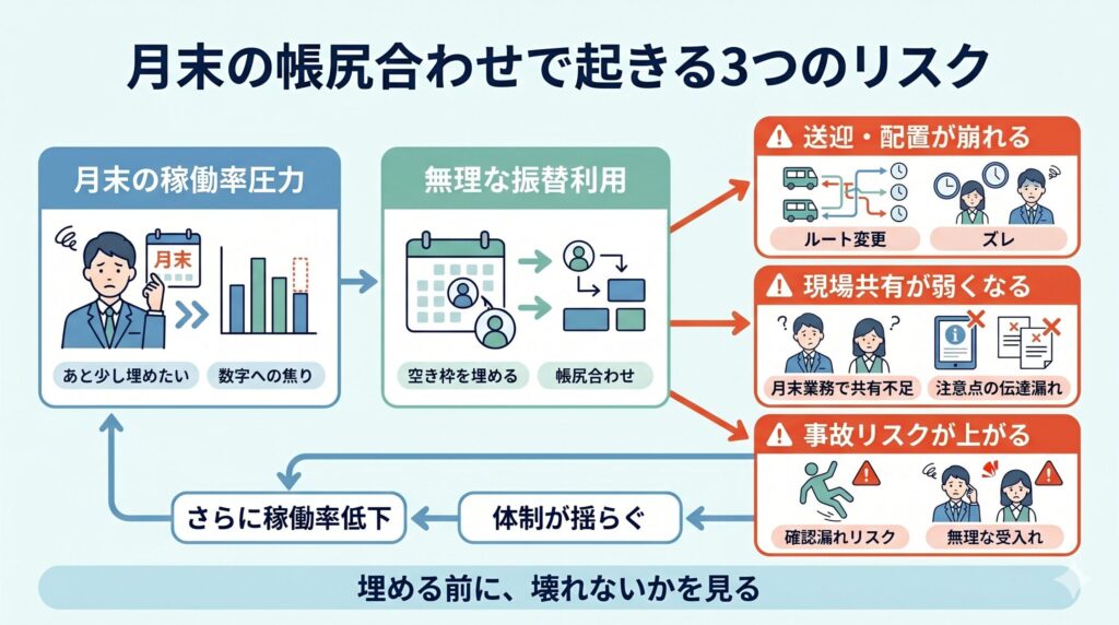 月末の帳尻合わせで起きる3つのリスクを示した図解