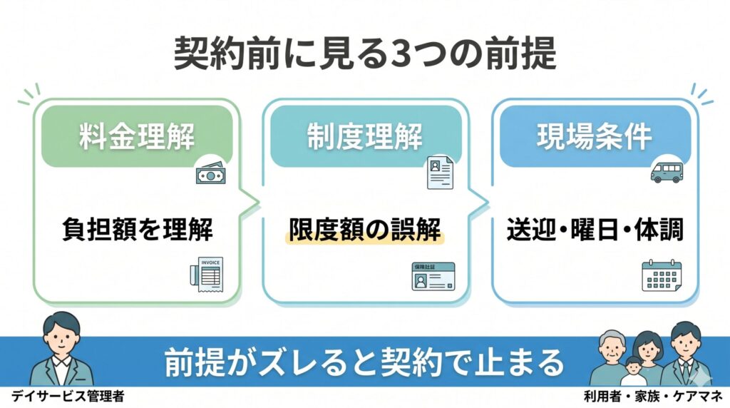 デイサービスの契約前に、料金理解・制度理解・現場条件の3つを確認する必要性を示した図解