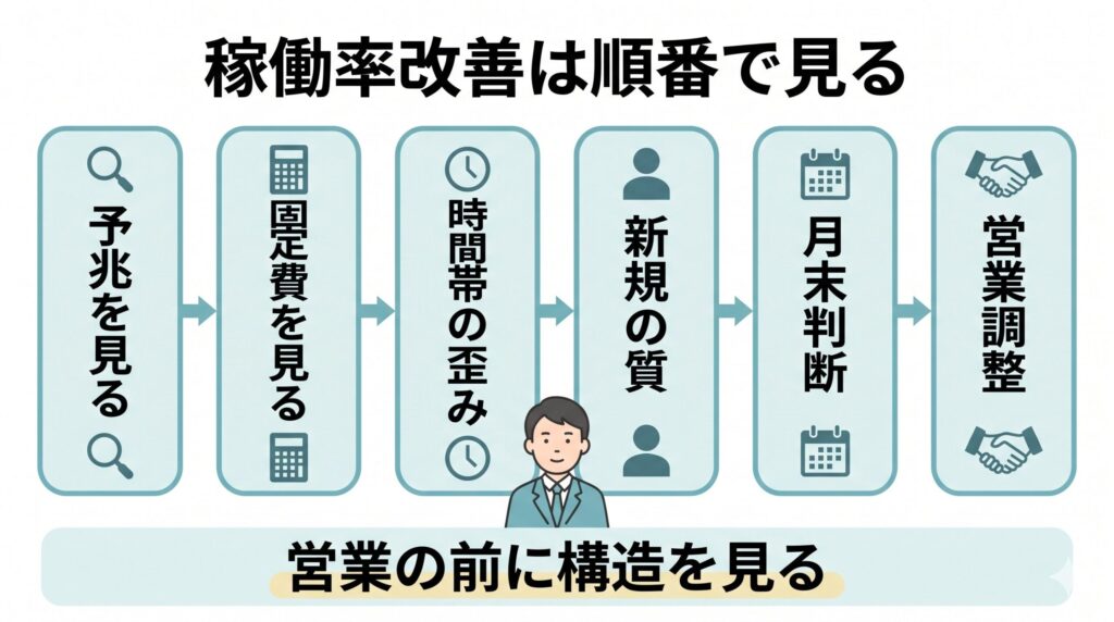 デイサービスの稼働率改善を、予兆、固定費、時間帯の歪み、新規の質、月末判断、営業調整の順番で整理した図解