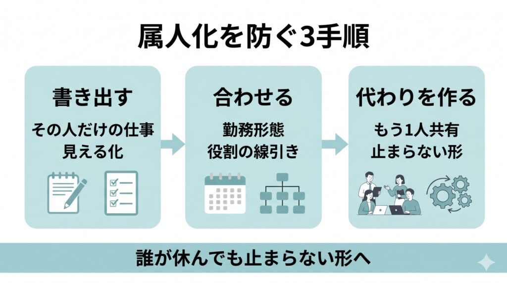属人化を防ぐために、その人だけの仕事を書き出し、勤務形態と役割を合わせ、代わりにできる人を作る流れを示した図解