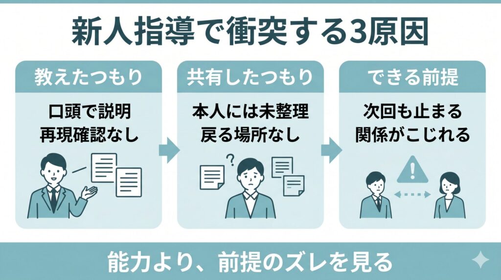 デイサービス新人指導で衝突する原因として、教えたつもり、共有したつもり、できる前提の3つのズレを整理した図解