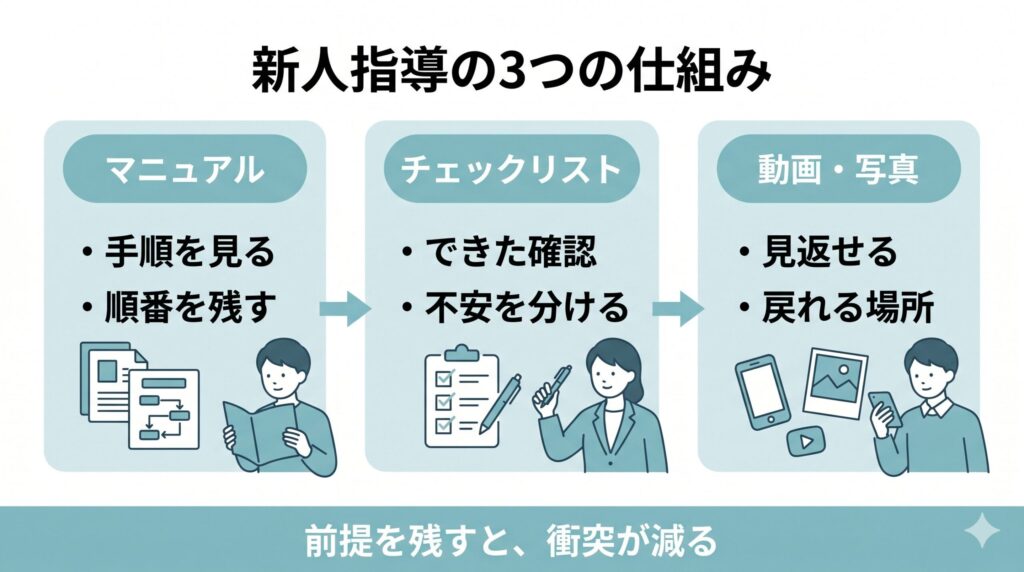 デイサービスの新人指導で、マニュアル、チェックリスト、動画や写真を使って教育の前提を残す3つの仕組みを示した図解