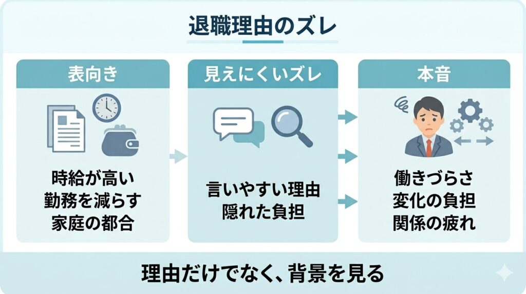 退職理由には、時給や勤務日数などの表向きの理由と、働きづらさや変化の負担などの本音がズレることがあると示した図解