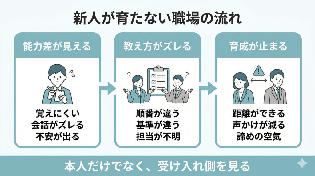 現場でできる職員と、新人に順番や基準を示して教えられる職員は別の力を持つことを比較した図解