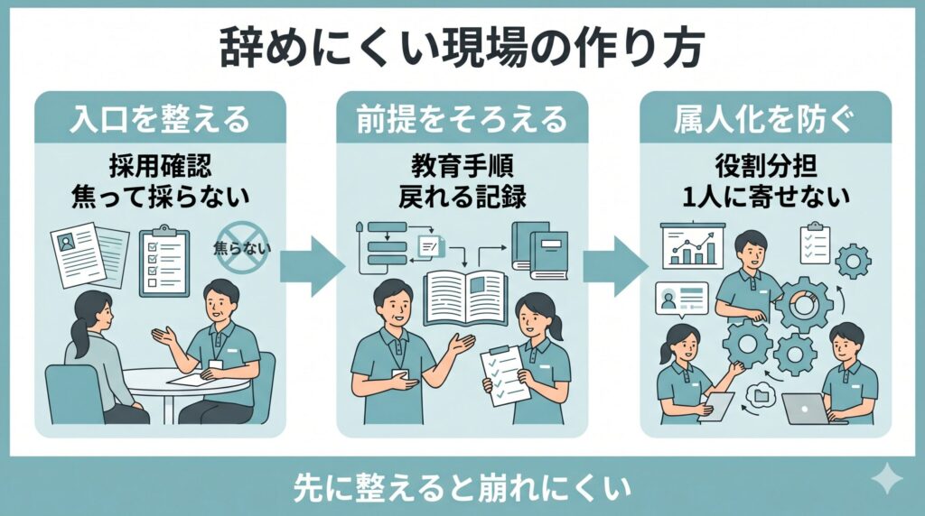 デイサービス管理者が離職防止のために、採用確認、教育手順、役割分担を順番に整える流れを示した図解