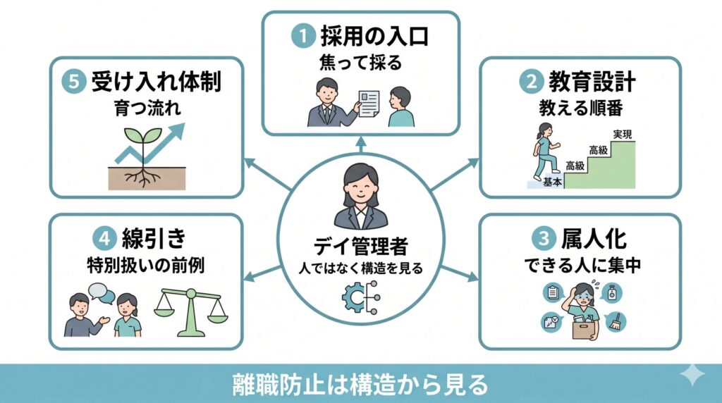職員ハブ記事で読む順番を、採用、教育、受け入れ、負担偏在、離職初動、多職種連携の流れで示した図解