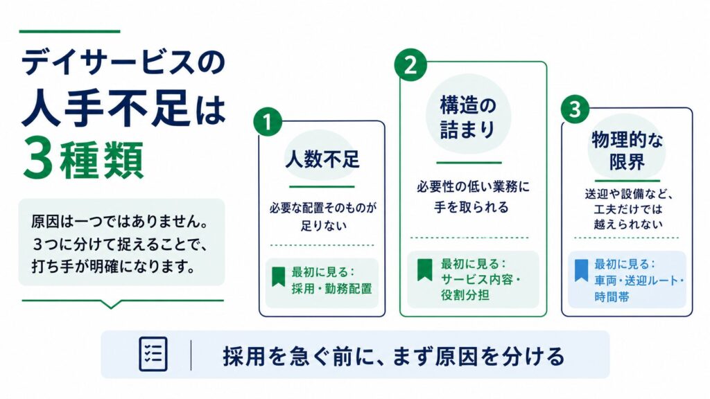 デイサービスの人手不足を3種類に分けた図解
