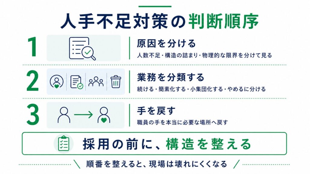 デイサービスの人手不足対策の判断順序を示した図解