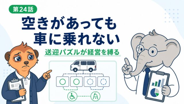 コウとミーアが、空きがあっても車に乗れない送迎パズルを整理する第24話アイキャッチ